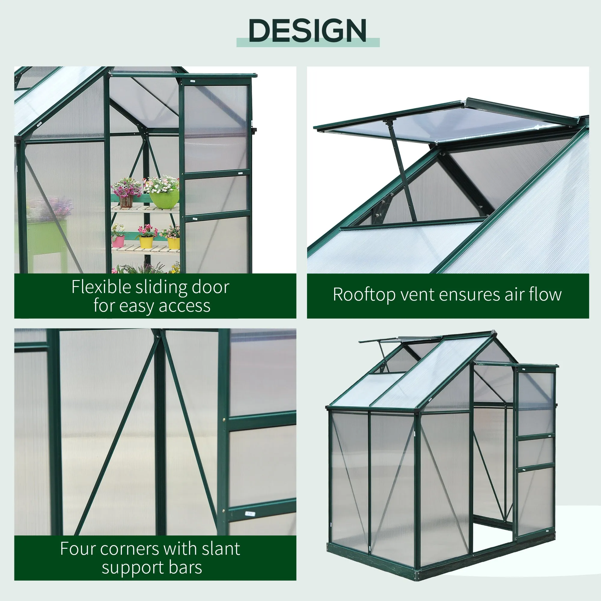6 x 4ft Polycarbonate Greenhouse, Large Walk-In Green House with Slide Door and Window, Garden Plants Grow House with Aluminium Frame and Foundation, Green