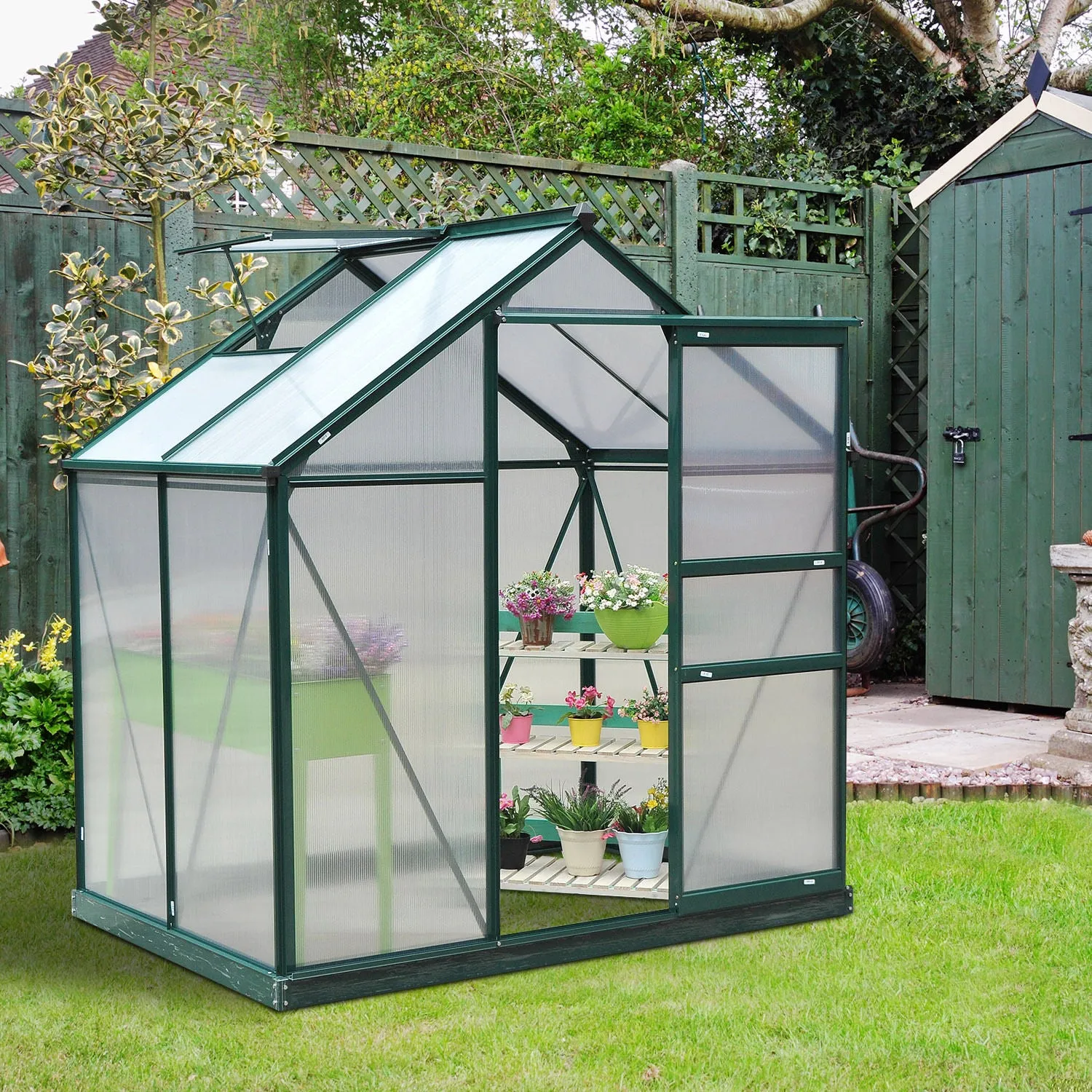6 x 4ft Polycarbonate Greenhouse, Large Walk-In Green House with Slide Door and Window, Garden Plants Grow House with Aluminium Frame and Foundation, Green