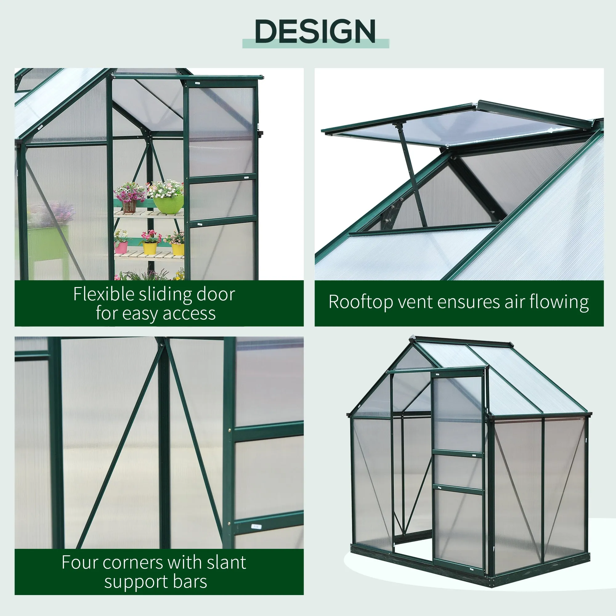 6 x 4ft Polycarbonate Greenhouse, Large Walk-In Green House with Slide Door and Window, Garden Plants Grow House with Aluminium Frame and Foundation, Green
