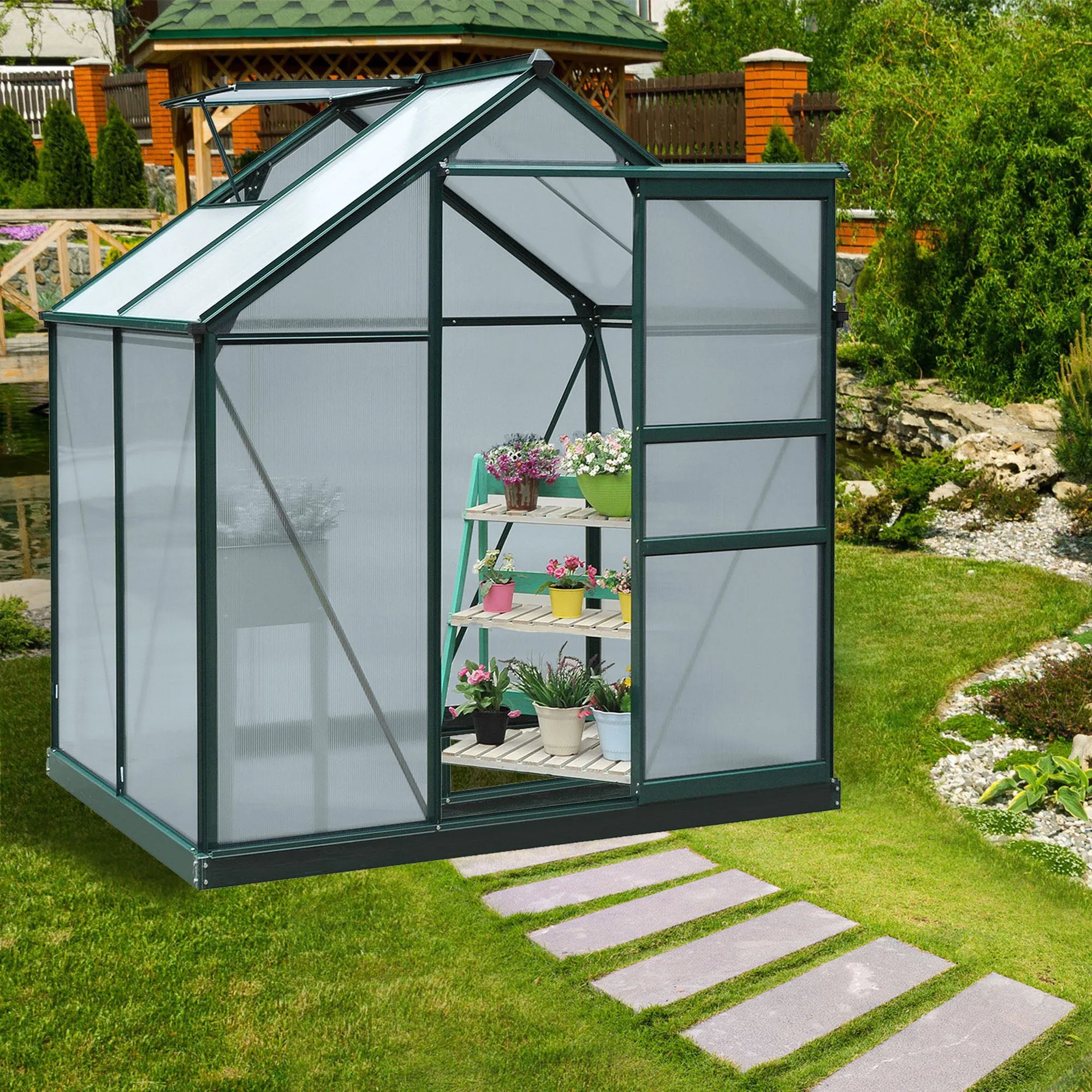 6 x 4ft Polycarbonate Greenhouse, Large Walk-In Green House with Slide Door and Window, Garden Plants Grow House with Aluminium Frame and Foundation, Green