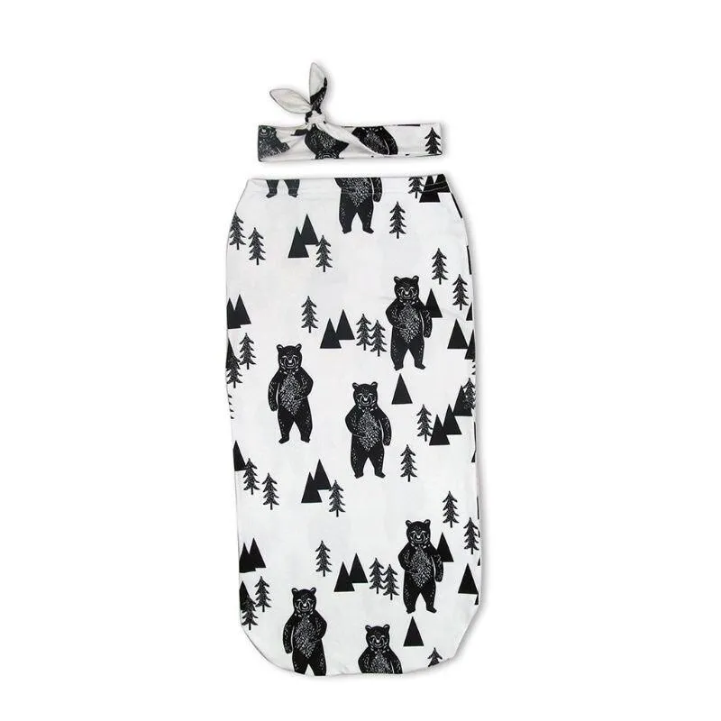 Baby Printed Photography Prop Blankets Printed Swaddle Muslin Wrap  Headband 2PCS