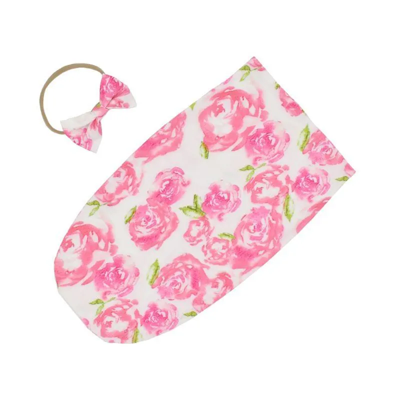 Baby Printed Photography Prop Blankets Printed Swaddle Muslin Wrap  Headband 2PCS