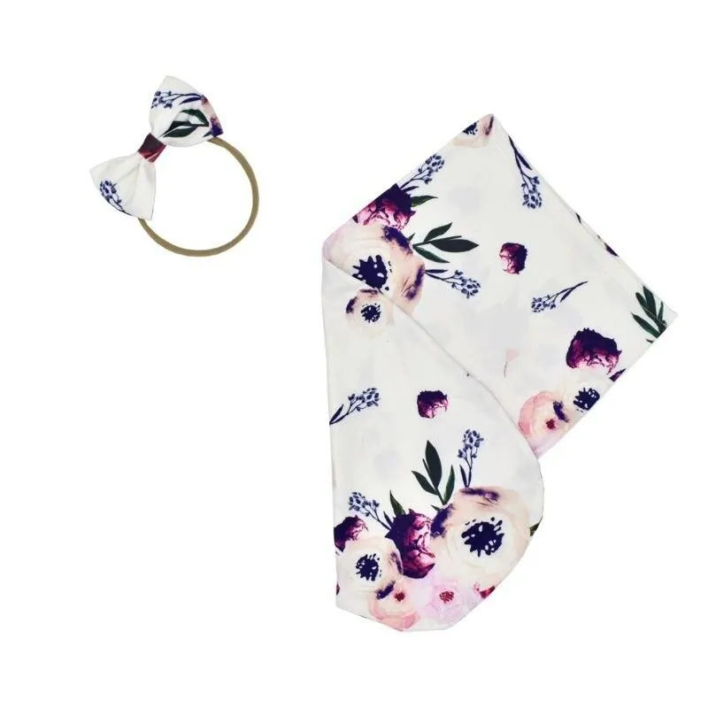 Baby Printed Photography Prop Blankets Printed Swaddle Muslin Wrap  Headband 2PCS