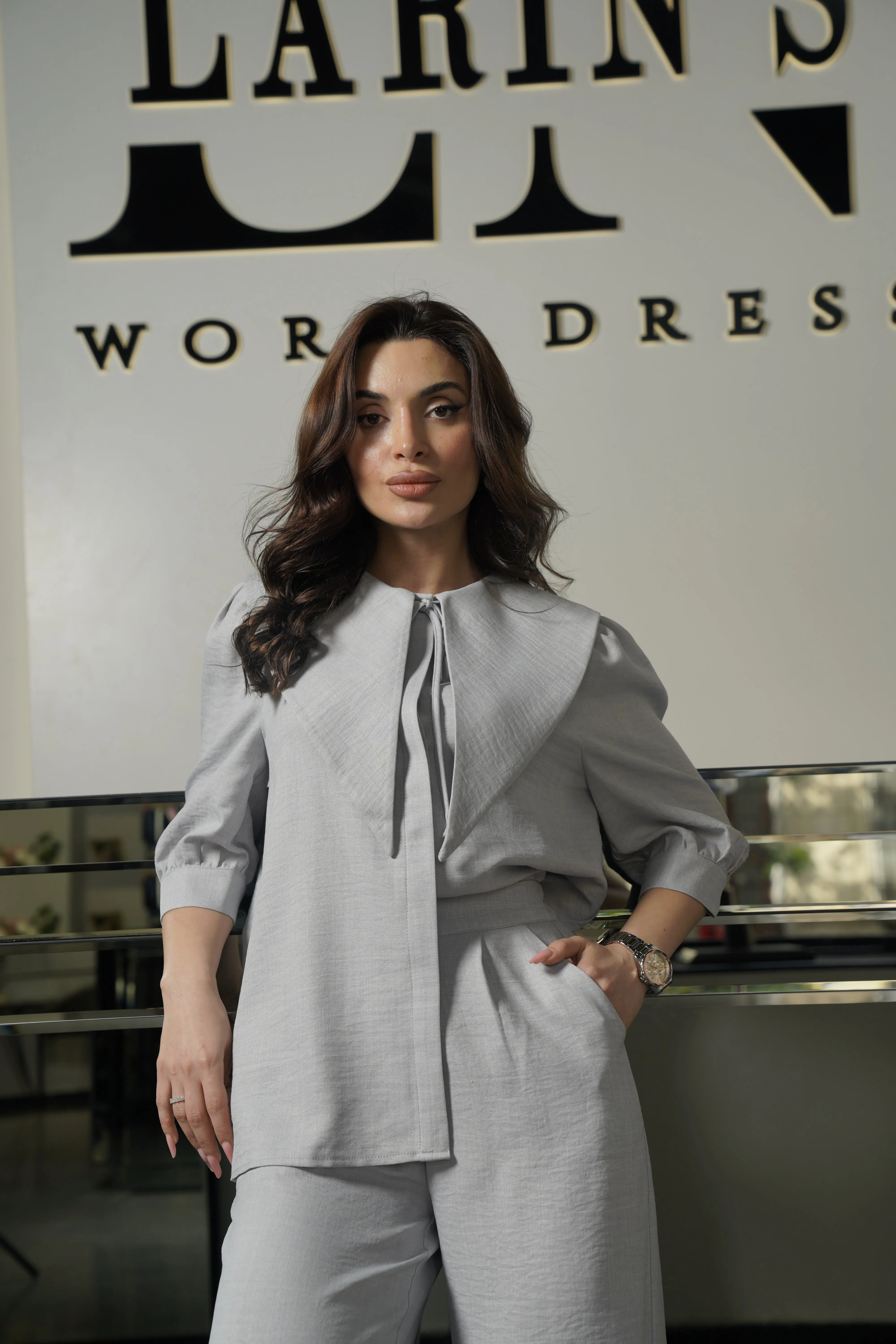 Elegant Linen Work Dress with Collar and Drawstring - Perfect for Professional Women