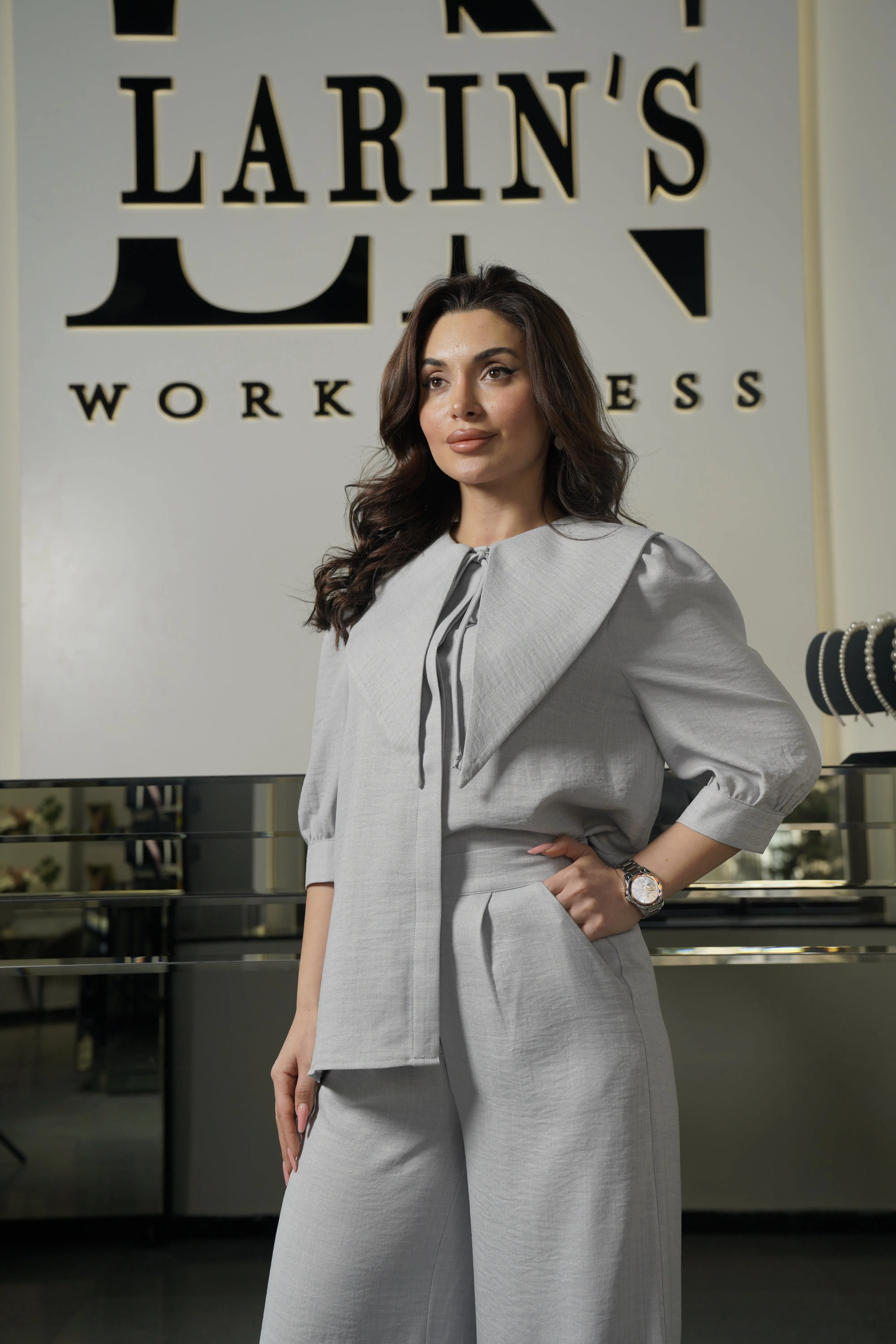Elegant Linen Work Dress with Collar and Drawstring - Perfect for Professional Women