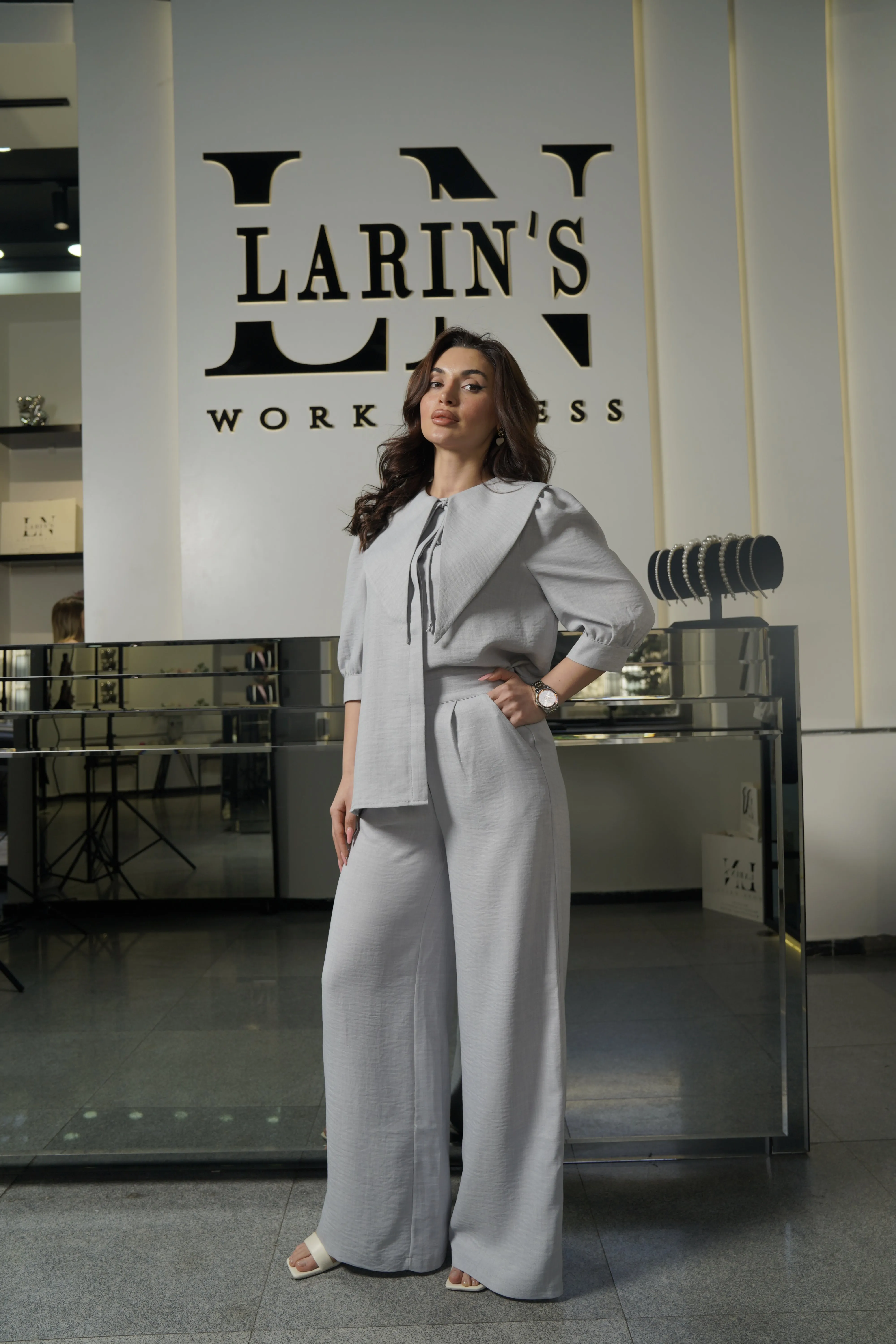 Elegant Linen Work Dress with Collar and Drawstring - Perfect for Professional Women