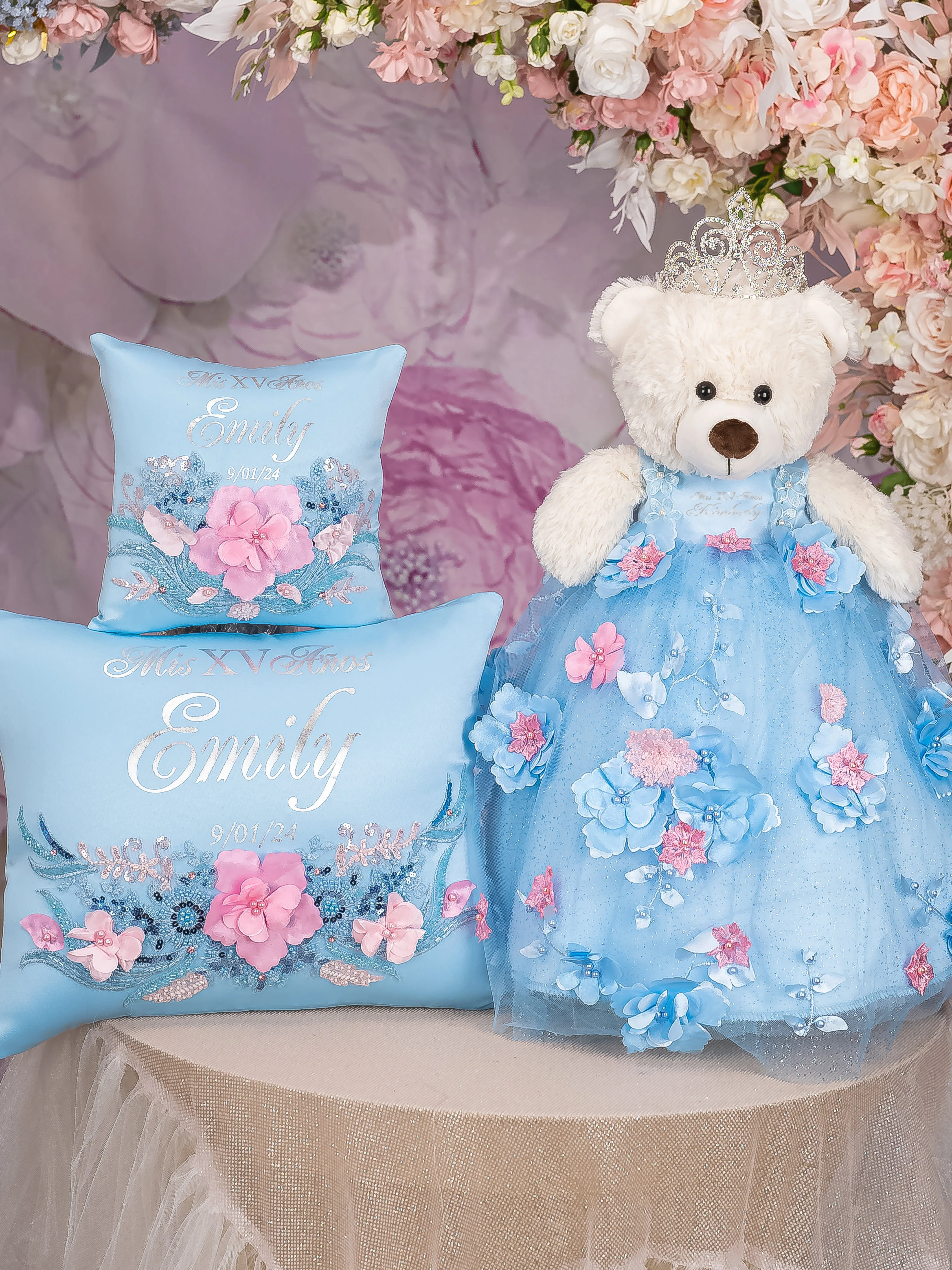 Light Blue with Pink Quinceanera pillows set, bible, candle, Kitty and bouquet 9 inches
