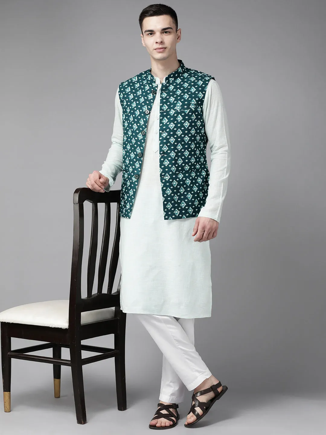 Men Teal Blue & Beige Printed Pure Cotton Kurta Pajama With Neharu Jacket