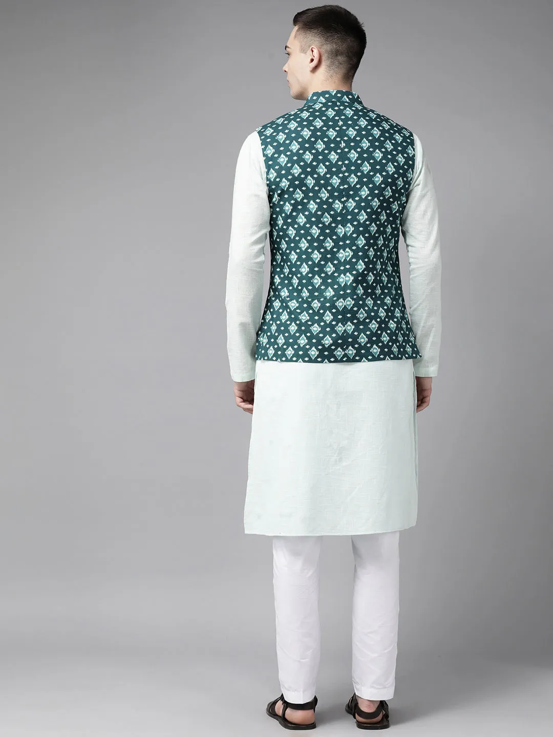 Men Teal Blue & Beige Printed Pure Cotton Kurta Pajama With Neharu Jacket