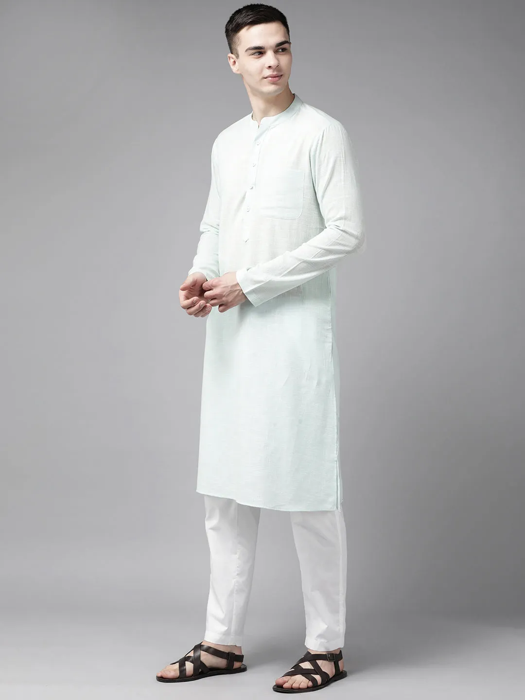 Men Teal Blue & Beige Printed Pure Cotton Kurta Pajama With Neharu Jacket