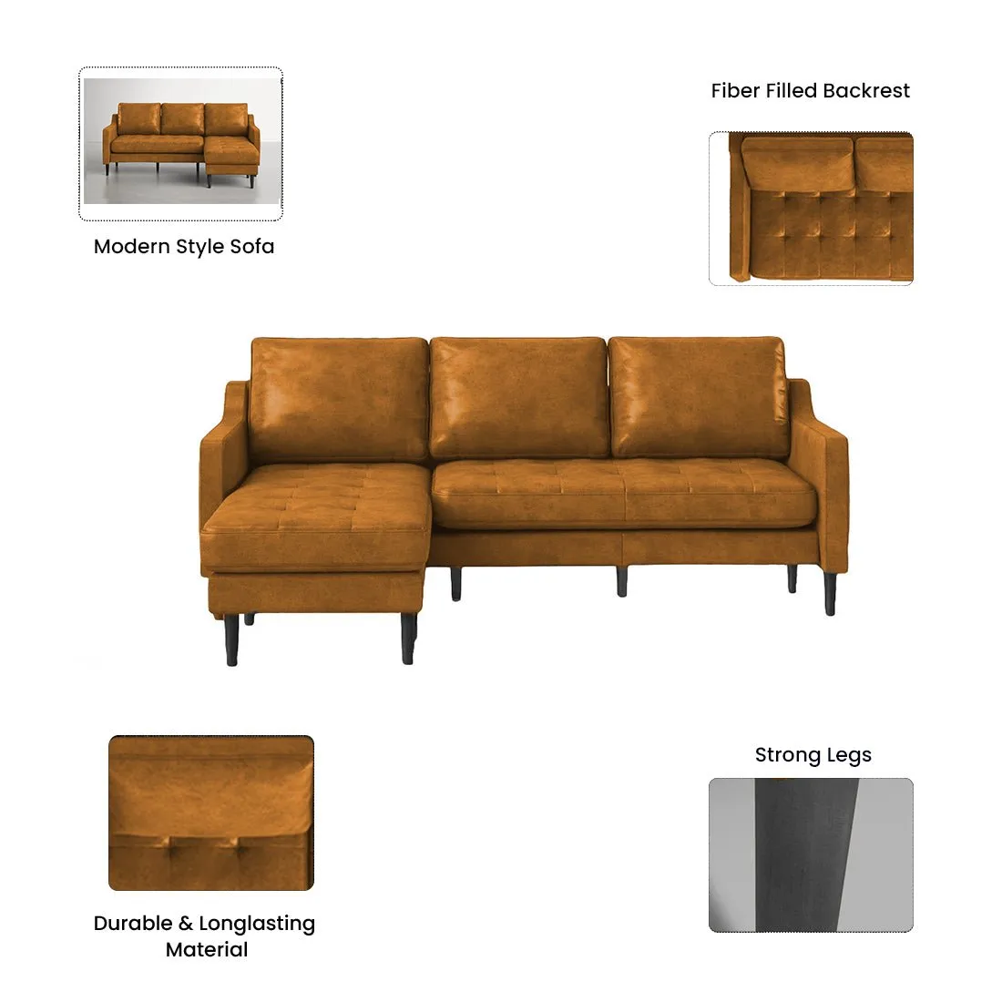 Pacific 4 Seater Leather L Shape Sofa for Living Room