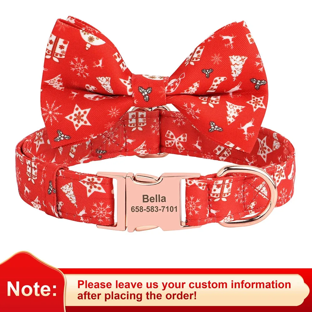 Personalized Christmas Dog Collar – Classic Red Plaid Pet Collar with Bowknot & Free Engraving ID Tag for Small and Medium Dogs