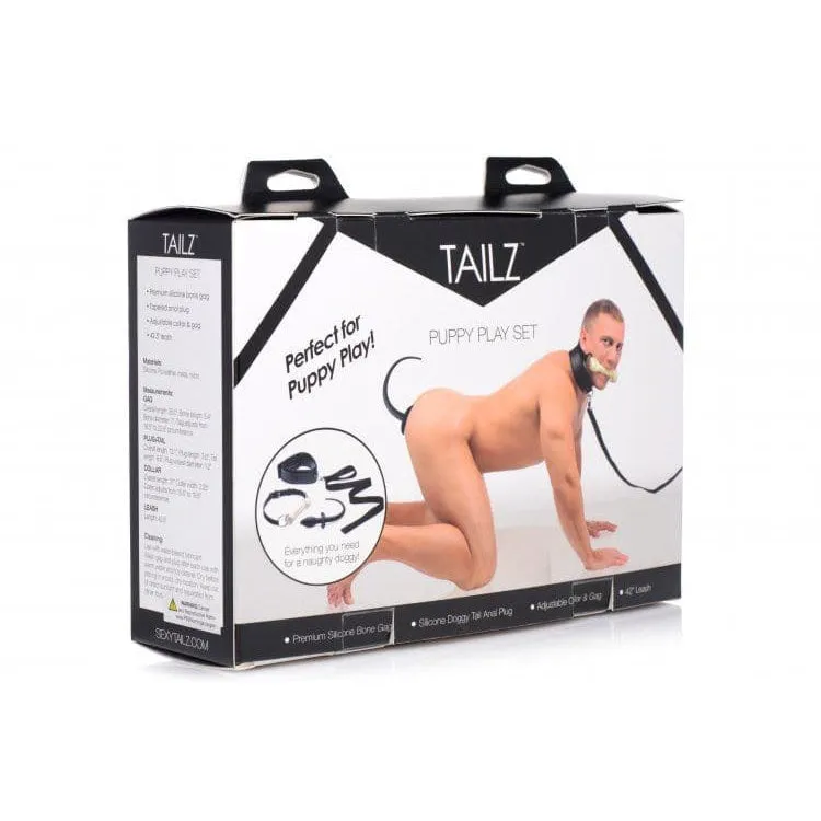 Silicone Bone-Shaped Gag, Tail Anal Plug, and Collar Puppy Play Set