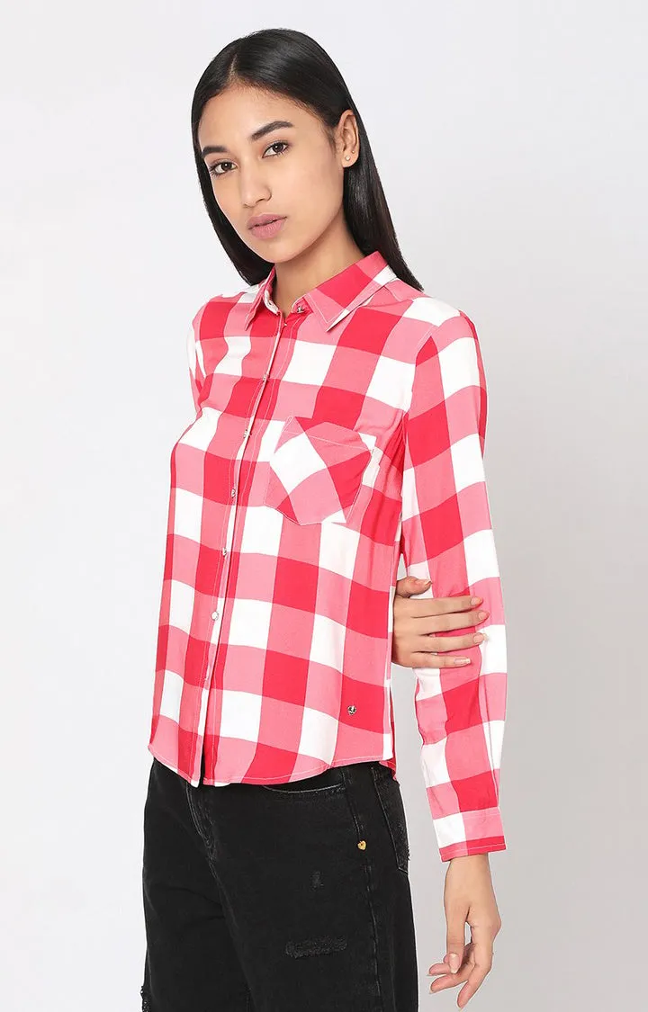 Spykar Women Pink Viscose Checks Full Sleeve Shirts