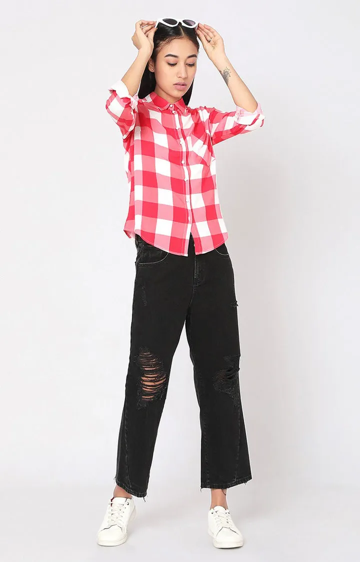Spykar Women Pink Viscose Checks Full Sleeve Shirts