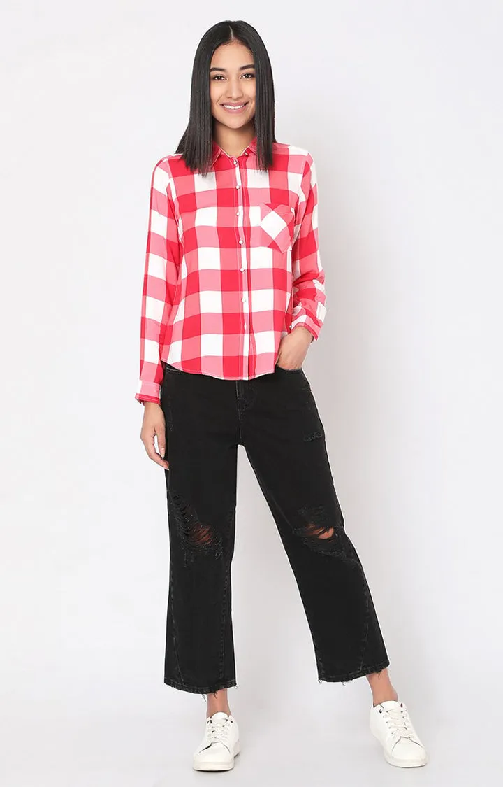 Spykar Women Pink Viscose Checks Full Sleeve Shirts