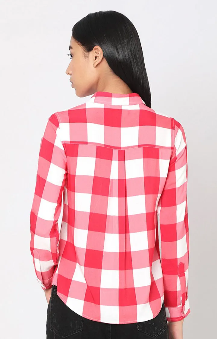 Spykar Women Pink Viscose Checks Full Sleeve Shirts