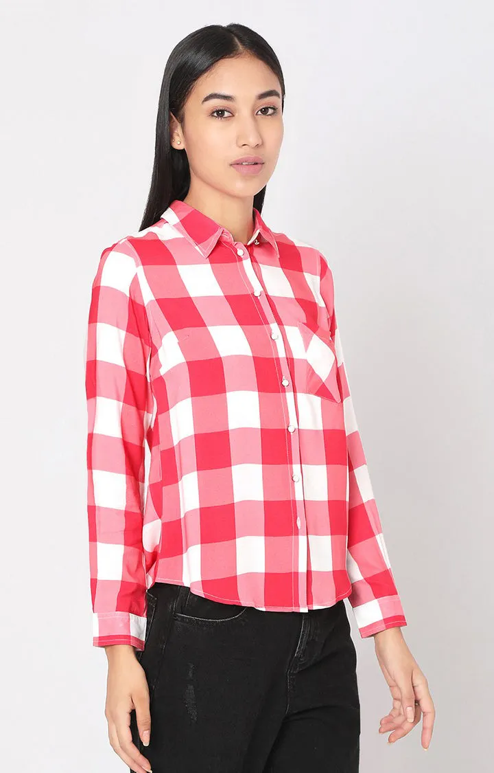 Spykar Women Pink Viscose Checks Full Sleeve Shirts