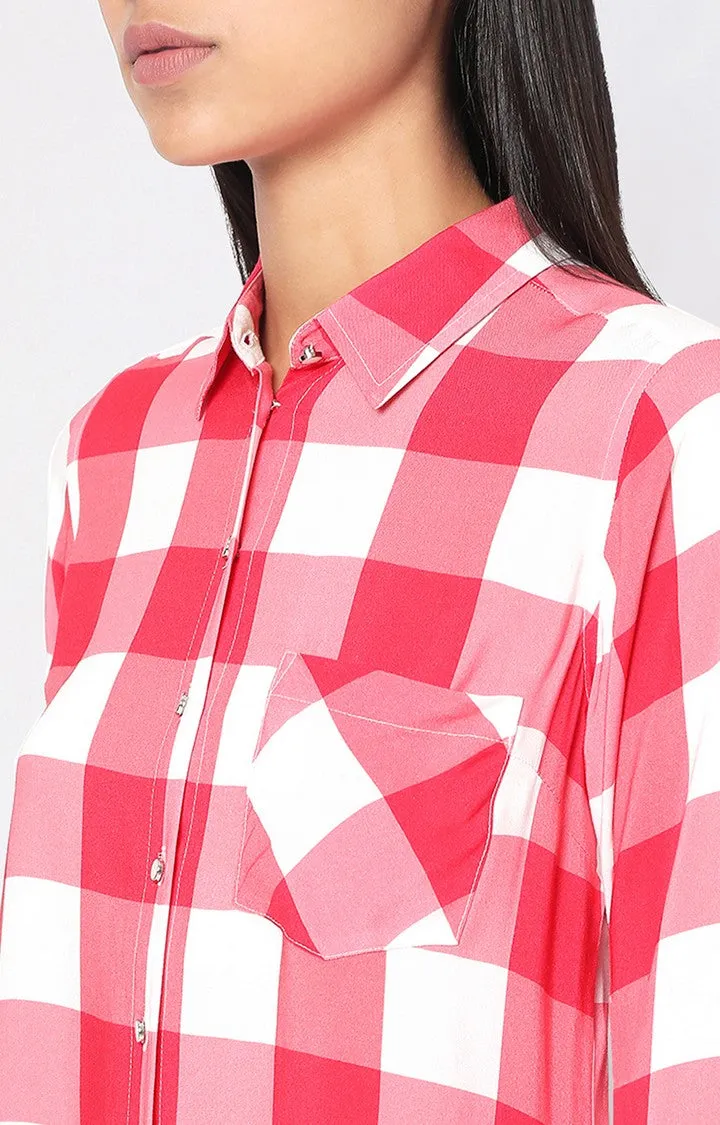 Spykar Women Pink Viscose Checks Full Sleeve Shirts