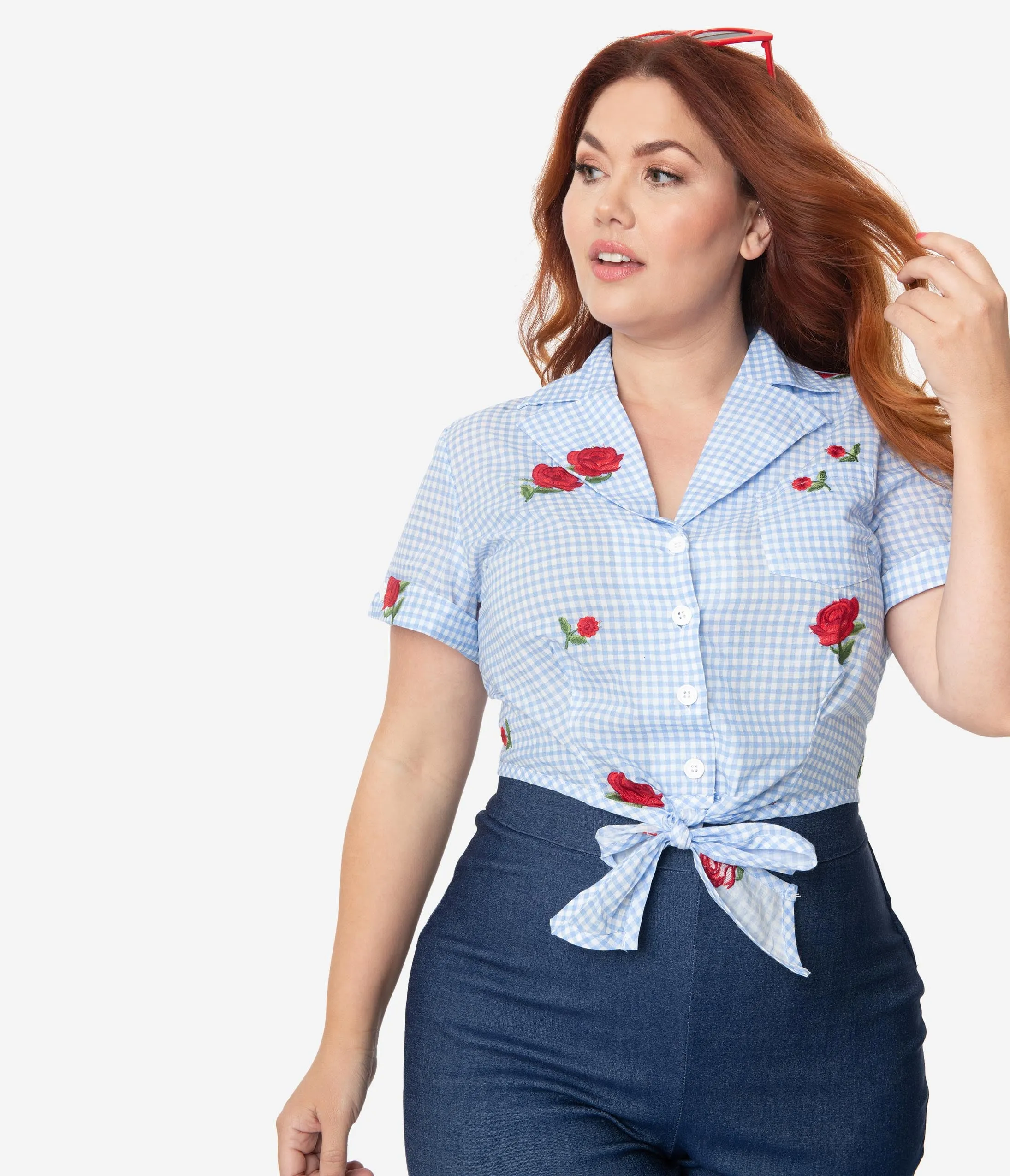 Unique Vintage Plus Size Blue Gingham & Roses Shirley Crop Top
