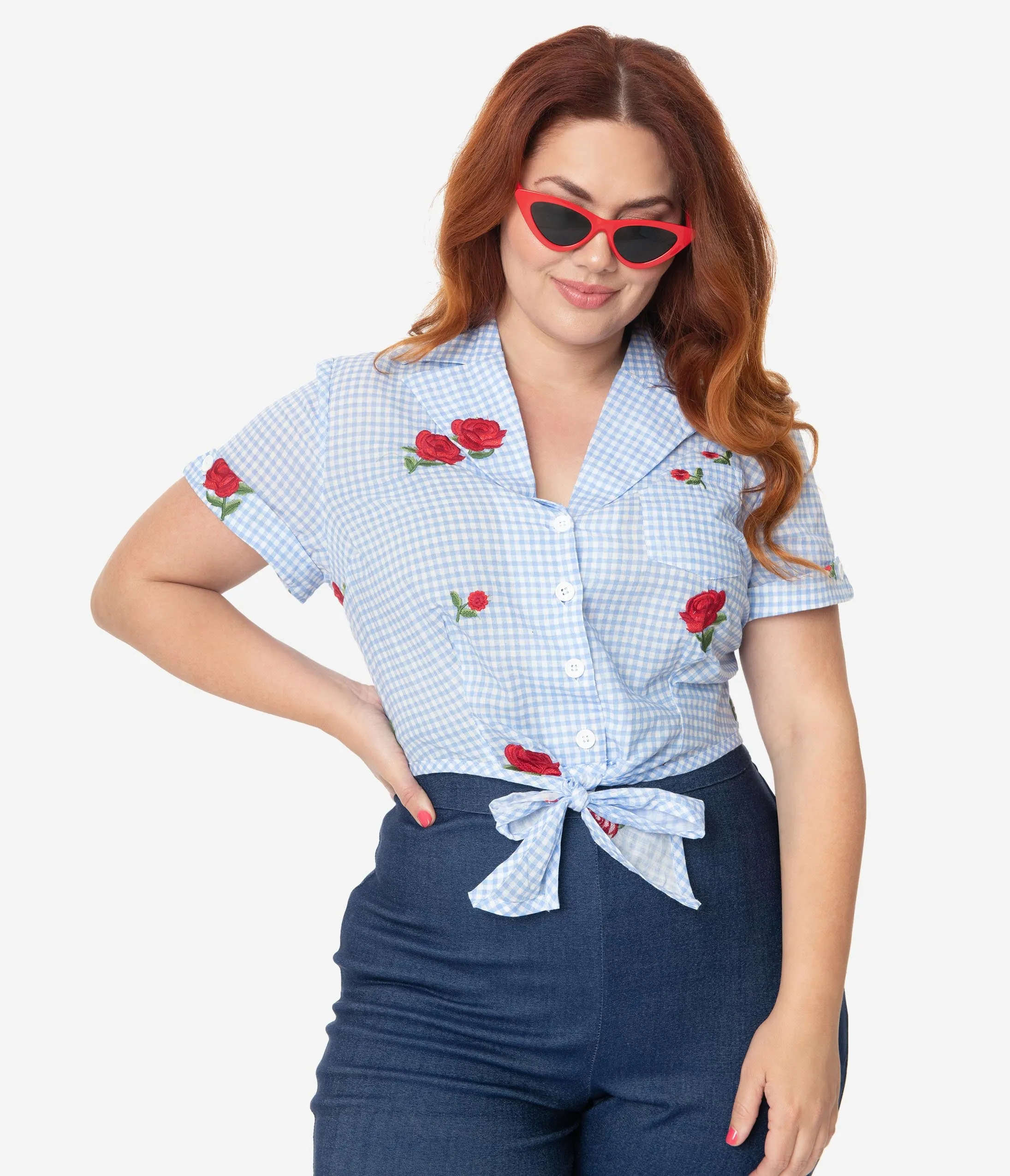 Unique Vintage Plus Size Blue Gingham & Roses Shirley Crop Top