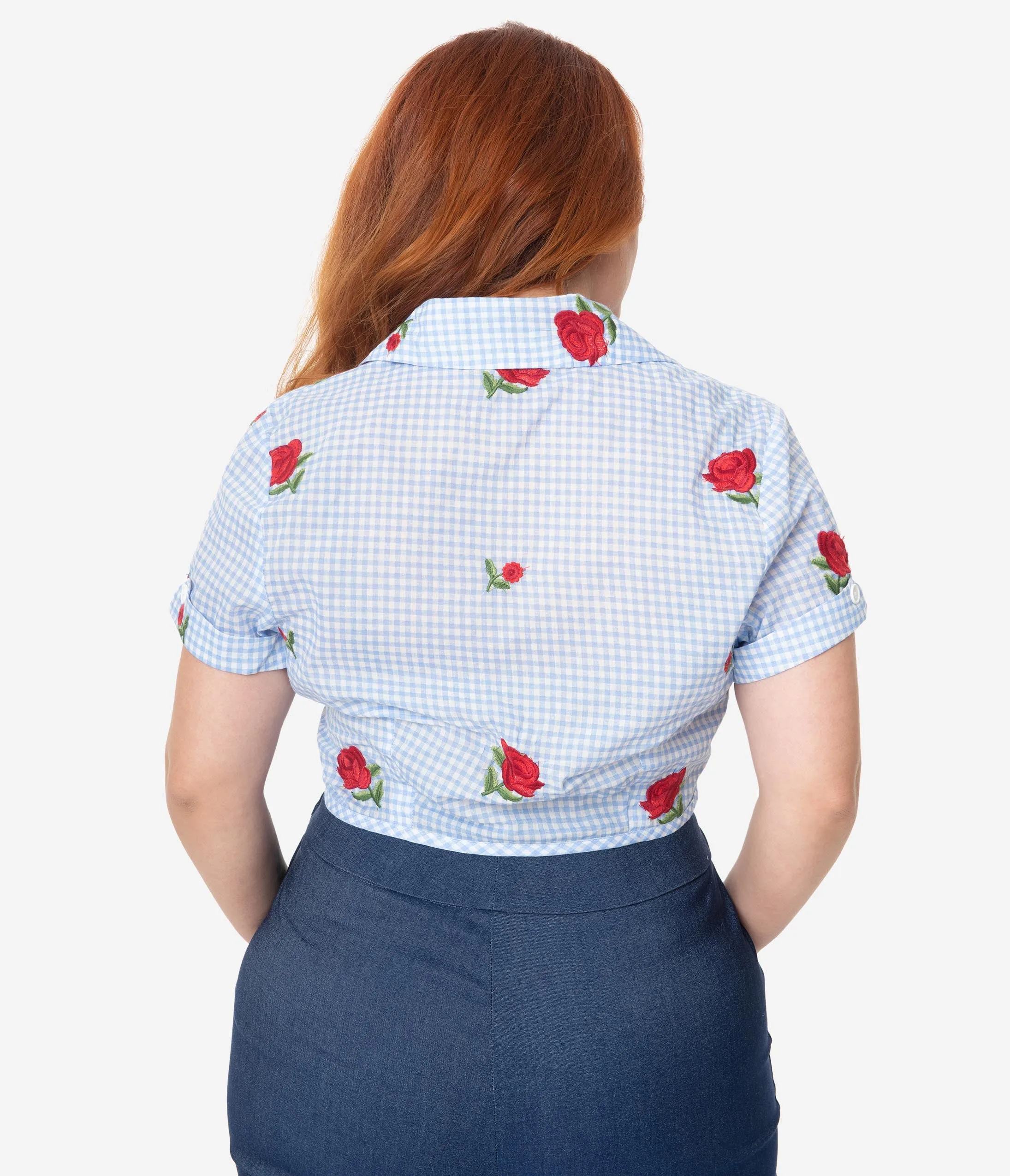 Unique Vintage Plus Size Blue Gingham & Roses Shirley Crop Top